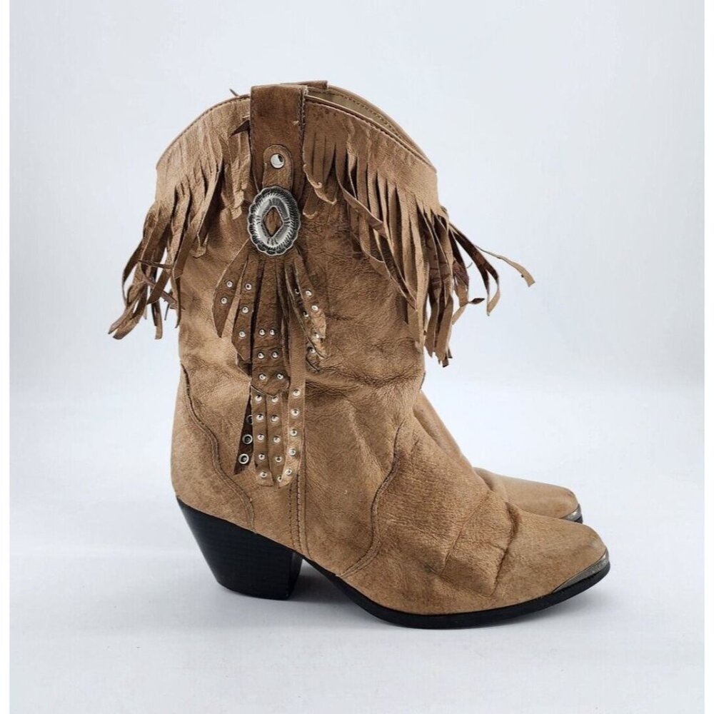 Dingo Women's Pull On Fringe Studded Western Cowgirl Boots Tan Leather Size 6.5M - Picture 5 of 10